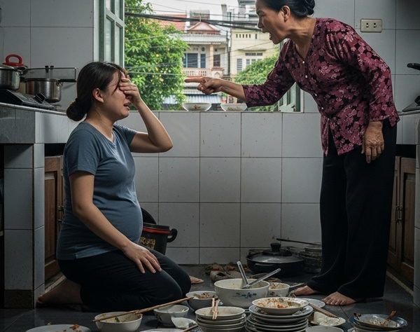 Con dâu đang b:ầu mẹ chồng vẫn bắt rửa hết 10 mâm bát, còn đ::ổ cả canh thừa lên đ::ầu