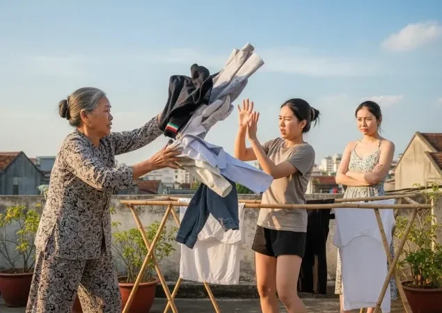 Chị chồng nhờ em dâu phơi quần áo trên sân thượng nhưng lại xuống bếp nói với mẹ rằng em dâu ngủ tới trưa vẫn chưa dây