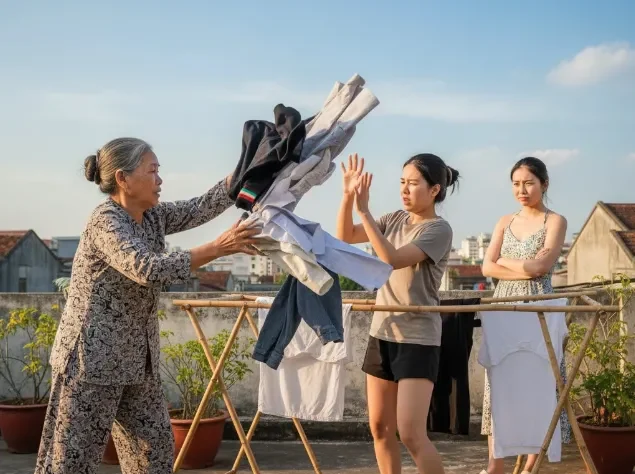 Chị chồng nhờ em dâu phơi quần áo trên sân thượng nhưng lại xuống bếp nói với mẹ rằng em dâu ngủ tới trưa vẫn chưa dây