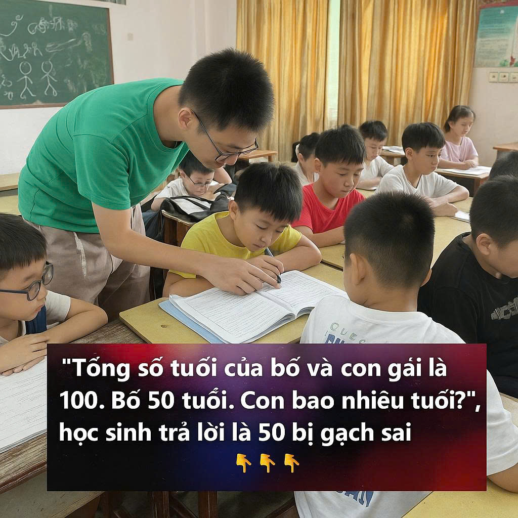 “Tổng số tuổi của bố và con gái là 100. Bố 50 tuổi. Con bao nhiêu tuổi?”, học sinh trả lời là 50 bị cô gạch sai
