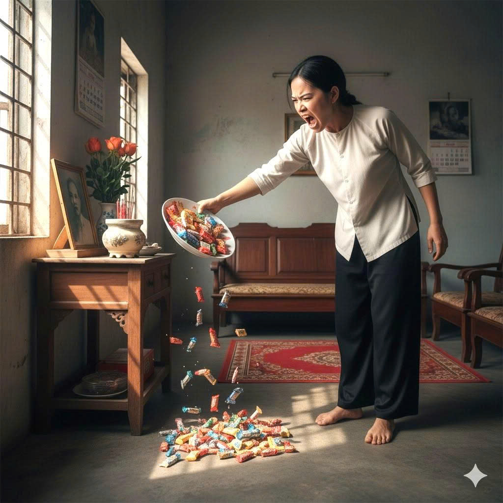 Đang làm giỗ cho con, nhìn thấy túi kẹo cứng trên mâm cúng vợ tôi điên dại lao ra vứt