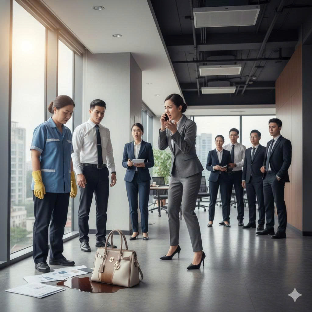 Cô lao công làm đổ cà phê lên túi hiệu của trưởng phòng nên bị đuổi việc ngay lập tức. Không ai ngờ, khi vị Phó Chủ tịch mới tới thị sát và nhìn thấy chiếc vòng bạc trên tay cô