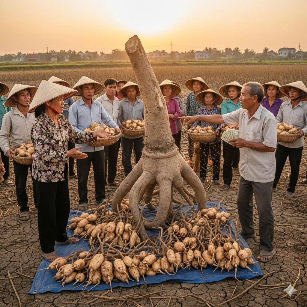 Cô Chiêm bảo thằng Hiển – đứa cháu họ thường ghé giúp – chuẩn bị gầu dây, rồi chạy sang đầu xóm gọi thêm mấy người cùng tát.
