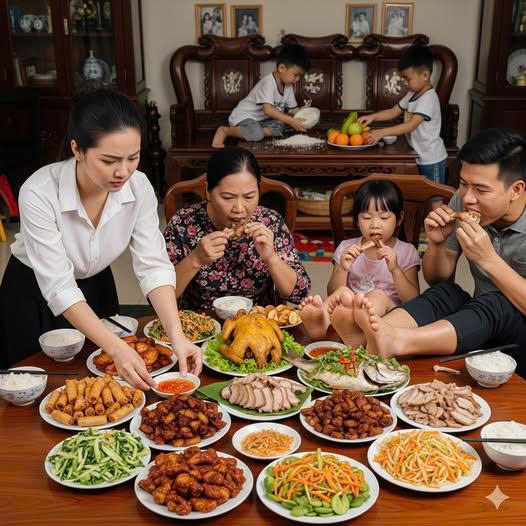 Vừa gọi đồ ăn gà cá ê hề về nhà định gọi mẹ đ/ẻ sang ăn thì thấy mùi mẹ chồng đã liền mời gia đình 2 em chồng với 4 đứa cháu